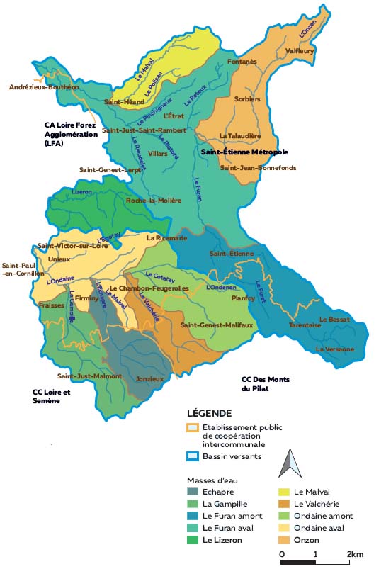 carte des bassins versants du Furan, de l'Ondaine et du Lizeron