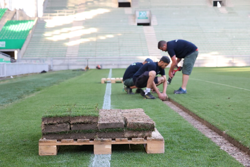 Découpe de la pelouse du stade